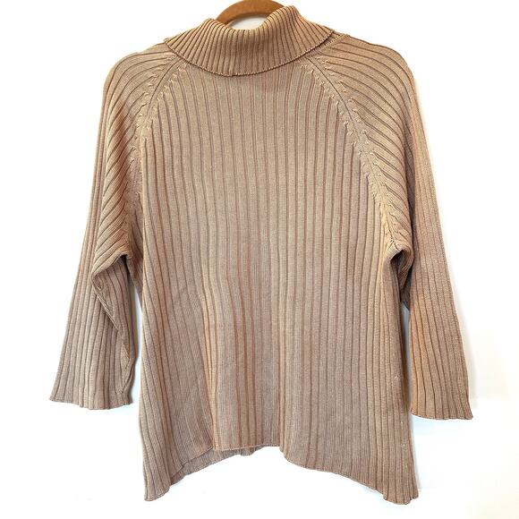 Cullen 100% silk ribbed turtleneck sweater XL beige tan 3/4 sleeve - Picture 2 of 10